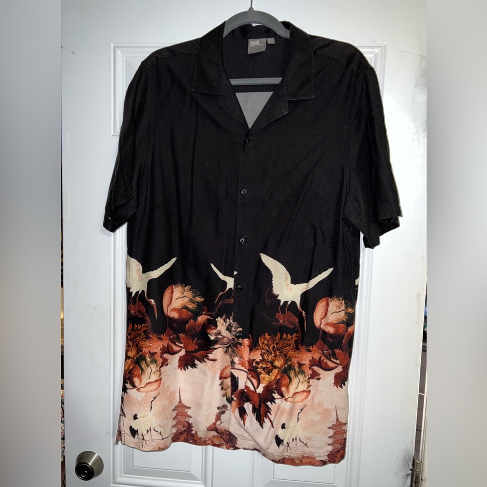 New asos shirt tropical with crane print and orange/brown floral print size L